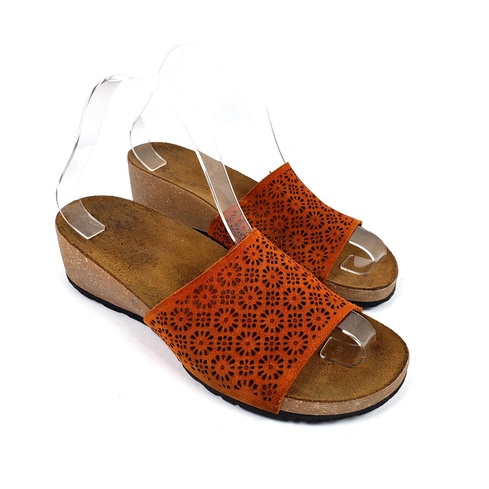 A. Giannetti Womens Size 7.5 Orange Suede Perforated Slip On Slide Wedge Sandals